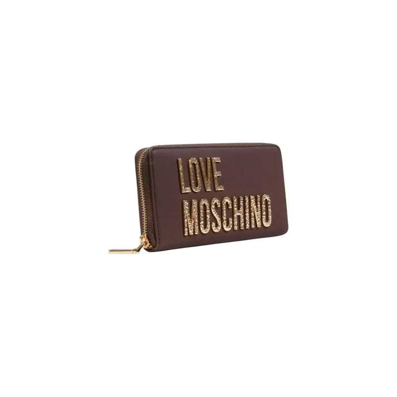 Brown Love Moschino zippered wallet with gold glitter lettering