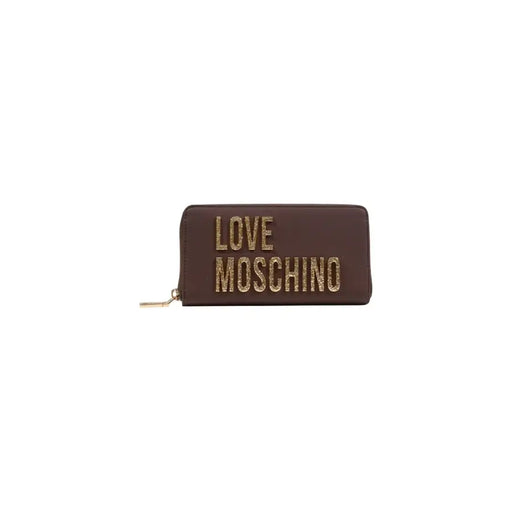 Brown Love Moschino zip wallet with glitter gold lettering in polyurethane