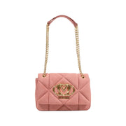 Pink quilted Love Moschino shoulder bag with gold chain straps and heart logo