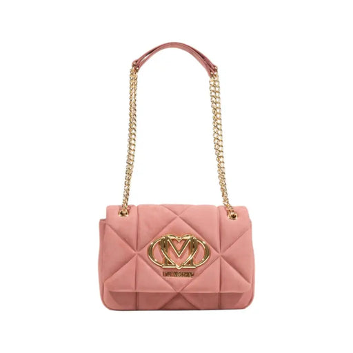 Pink quilted Love Moschino shoulder bag with gold chain straps and heart logo