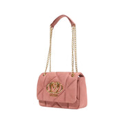Pink quilted Love Moschino shoulder bag with gold chain straps and heart-shaped logo