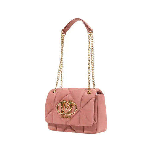 Pink quilted Love Moschino shoulder bag with gold chain straps and heart-shaped logo