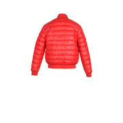 Love Moschino red polyamide women’s puffer jacket with vibrant color horizontal stitching and ribbed cuffs
