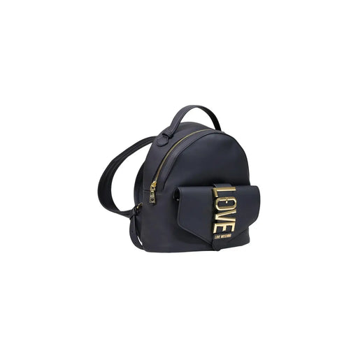 Sac à dos Love Moschino pour femme en cuir noir marine foncé avec inscription « love » dorée et poche avant à rabat en polyuréthane
