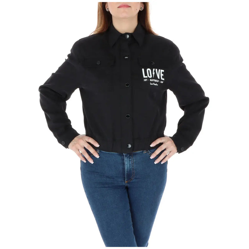 Love moschino women black cotton blend button-up jacket with white love print on the chest