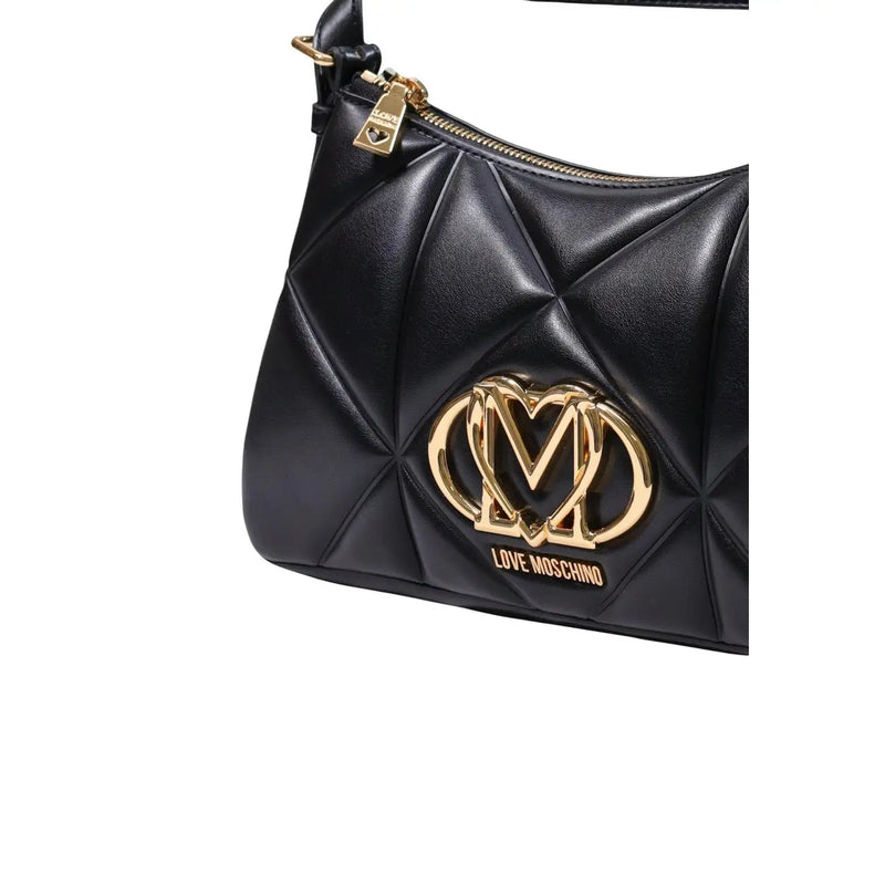 Love Moschino women black quilted leather handbag with gold-tone heart-shaped logo and zipper pull