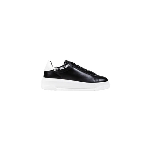 Baskets compensées noires Love Moschino pour femme, en cuir synthétique avec semelle en caoutchouc blanc et languette au talon, vues de l'arrière