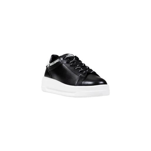 Love Moschino Baskets compensées noires pour femmes, en matière synthétique avec cuir noir, surpiqûres argentées, semelle en caoutchouc blanc et lacets noirs.