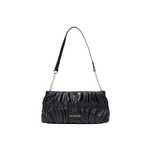 Love Moschino Sac à main femme en polyuréthane noir de 27 cm, avec corps en cuir froncé brillant et bandoulière en chaîne et cuir.
