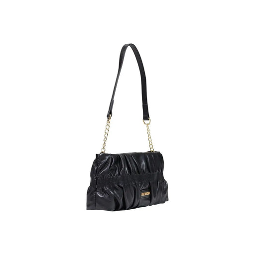Love Moschino Sac bandoulière femme en cuir noir froncé avec bandoulière chaîne dorée et plaque de la marque, 27 cm