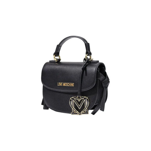 Sac à main Love Moschino pour femme, en polyuréthane noir, avec plaque logo et anse en cuir texturé doré.