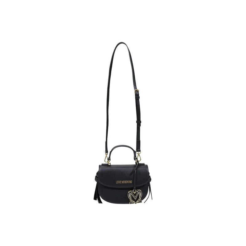 Love moschino women black polyurethane handbag with gold-tone heart logo charm and adjustable matching strap