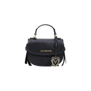Love Moschino women black textured leather handbag with gold-tone logo plaque and heart-shaped charm measuring W21 x H17 x L8 cm
