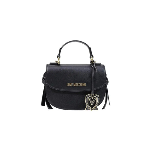 Love Moschino Sac à main femme en cuir noir texturé avec plaque logo dorée et breloque en forme de cœur, dimensions L21 x H17 x P8 cm