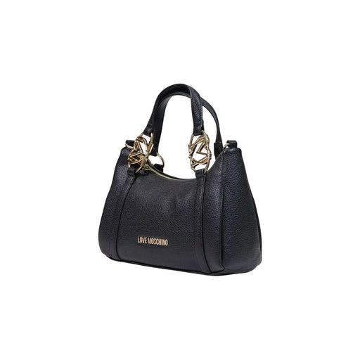 Amour du cuir noir texturé Moschino Sac bandoulière avec anses dorées et plaque logo, largeur 27 cm, en polyuréthane