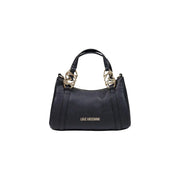 Love Moschino women black shoulder bag in textured polyurethane leather with gold-tone handles and logo detail