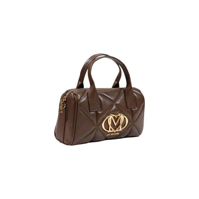 Brown quilted polyurethane handbag by Love Moschino featuring gold-tone logo emblem measuring 26x15cm