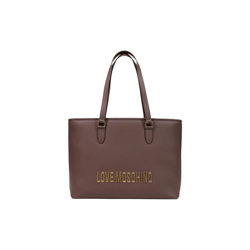 Sac cabas marron Love Moschino en polyuréthane avec inscription dorée et anses assorties, dimensions : l 13 x h 28 x p 13 cm