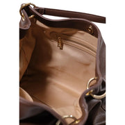 Love Moschino women brown polyurethane tote bag with gold-tone hardware and beige interior lining
