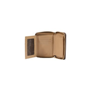 Étui à trois volets en cuir beige Love Moschino Portefeuille femme en polyuréthane marron avec fermeture éclair dorée et emplacements pour cartes, largeur 13 cm.