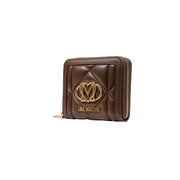 Love Moschino Portefeuille matelassé marron en polyuréthane avec logo doré et fermeture éclair pour femme, largeur 13 cm.