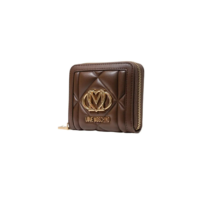 Love Moschino Portefeuille matelassé marron en polyuréthane avec logo doré et fermeture éclair pour femme, largeur 13 cm.