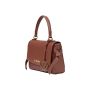 Love Moschino women brown shoulder bag in polyurethane with gold-tone heart-shaped logo and matching handle