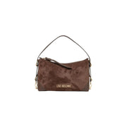 Brown suede love moschino shoulder bag 18cm with gold-tone hardware and front logo patch for women