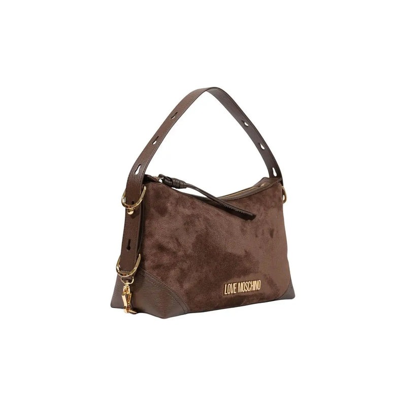 Love Moschino women brown suede shoulder bag with gold-tone hardware and detachable strap 18cm size