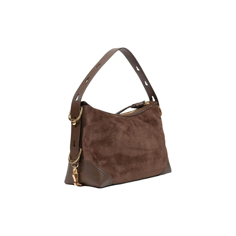 Love Moschino women brown suede shoulder bag with gold-tone hardware and structured slouchy silhouette 18cm