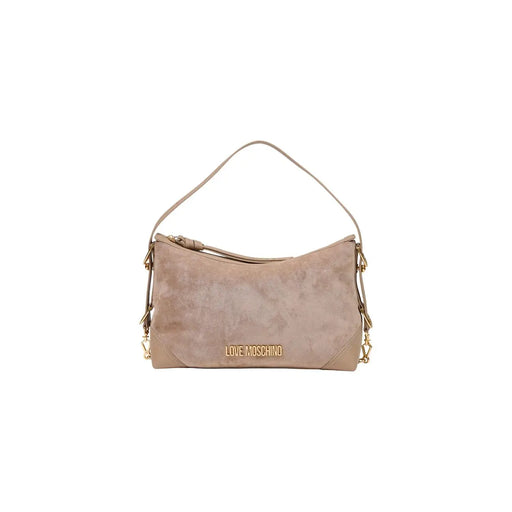 daim beige Love Moschino Sac bandoulière femme 18 cm avec finitions dorées et plaque logo sur le devant