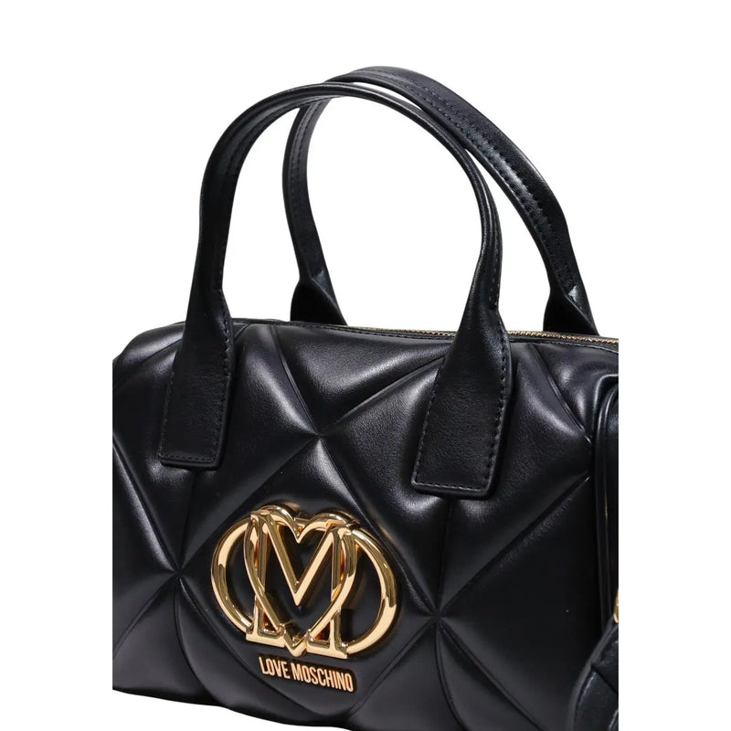 Black quilted leather love moschino handbag with gold-tone logo emblem for women in polyurethane w26cm