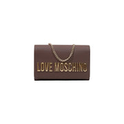 Brown love moschino polyurethane clutch handbag with gold-tone lettering and chain strap 5x13x5cm