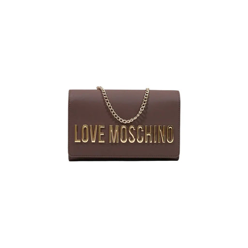 Pochette marron Love Moschino en polyuréthane avec inscription dorée et bandoulière chaîne, 5 x 13 x 5 cm