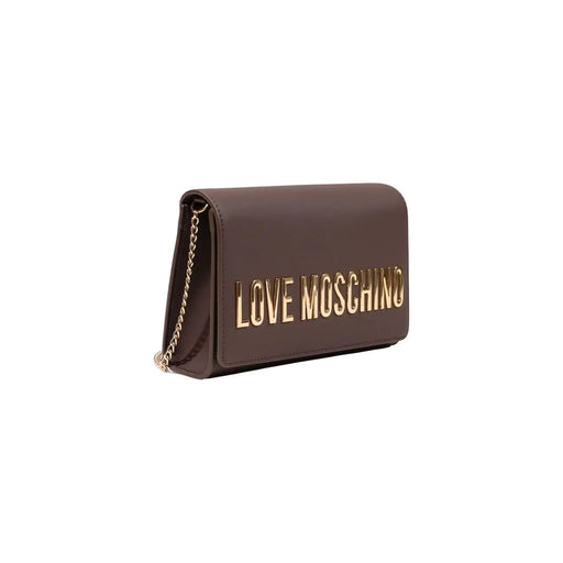 Brun Love Moschino Pochette en polyuréthane avec inscription dorée et bandoulière chaîne 5x13x5cm
