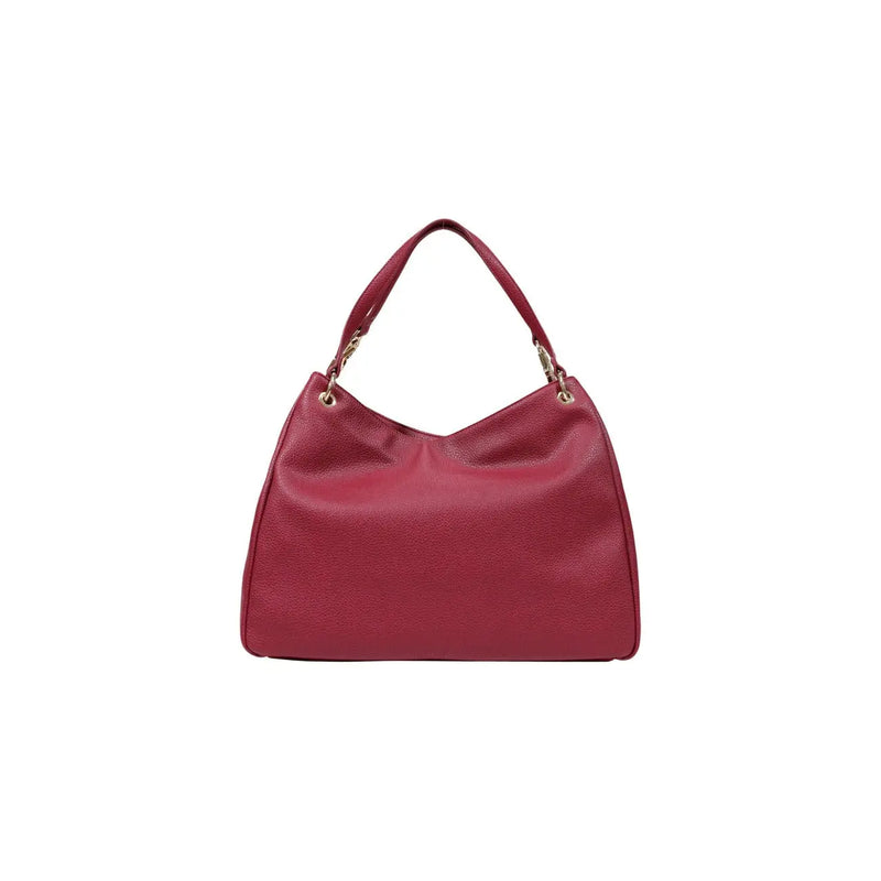 A sleek deep red leather hobo bag with textured surface and gold-tone hardware by Love Moschino