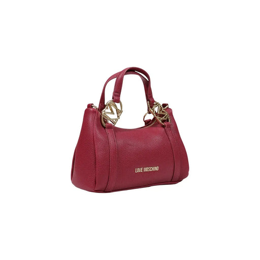 Sac bandoulière femme Love Moschino en cuir texturé bordeaux avec anses dorées en polyuréthane, largeur 27 cm