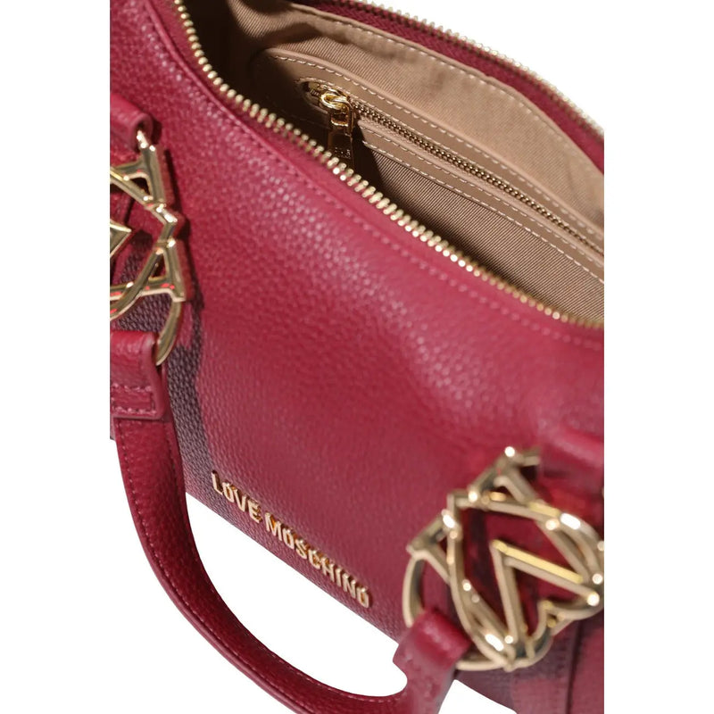 A vibrant red textured leather love moschino women shoulder bag with gold-tone hardware and logo embossed on the side