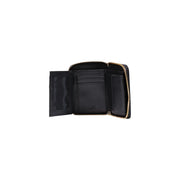 Portefeuille à trois volets en cuir noir pour femme Love Moschino, orné de fermetures éclair dorées et confectionné en polyuréthane.
