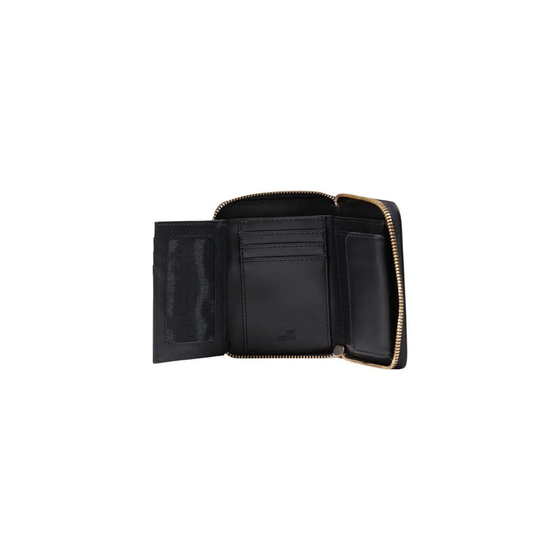 Portefeuille à trois volets en cuir noir pour femme Love Moschino, orné de fermetures éclair dorées et confectionné en polyuréthane.