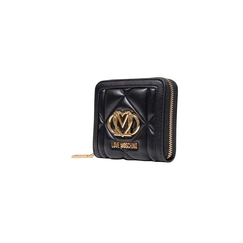 Portefeuille femme Moschino noir matelassé en polyuréthane avec logo doré et fermeture éclair, dimensions L 13 x H 9 x L 3 cm