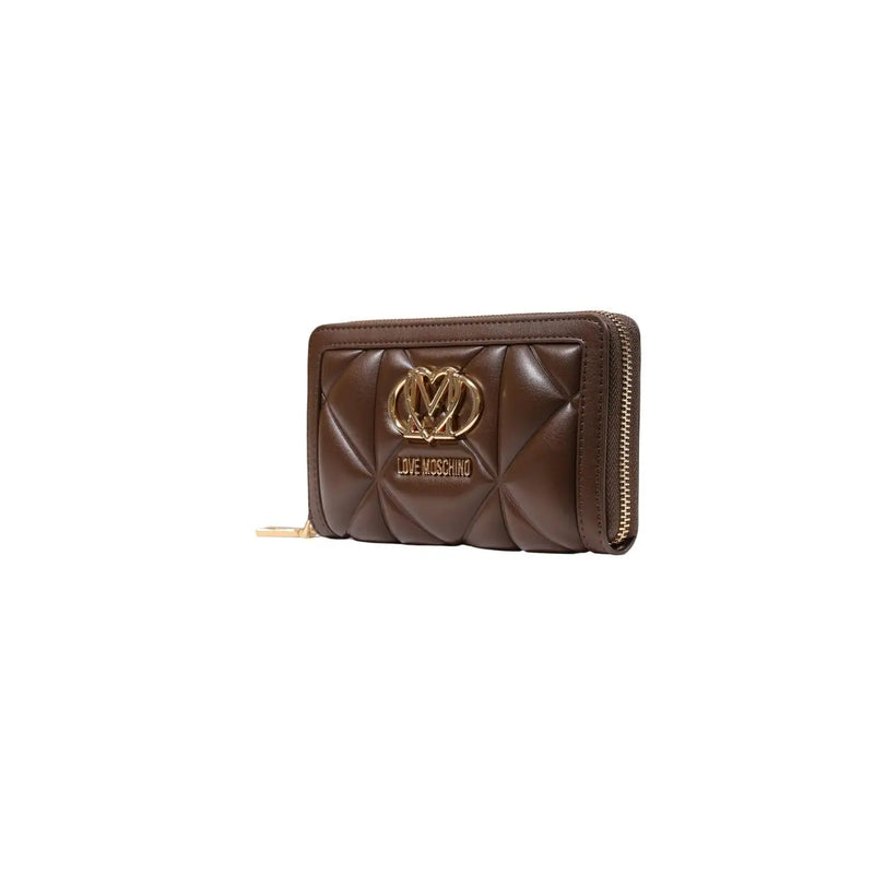 Amour matelassé brun Moschino Portefeuille femme en polyuréthane avec logo doré et fermeture éclair, format 18 cm