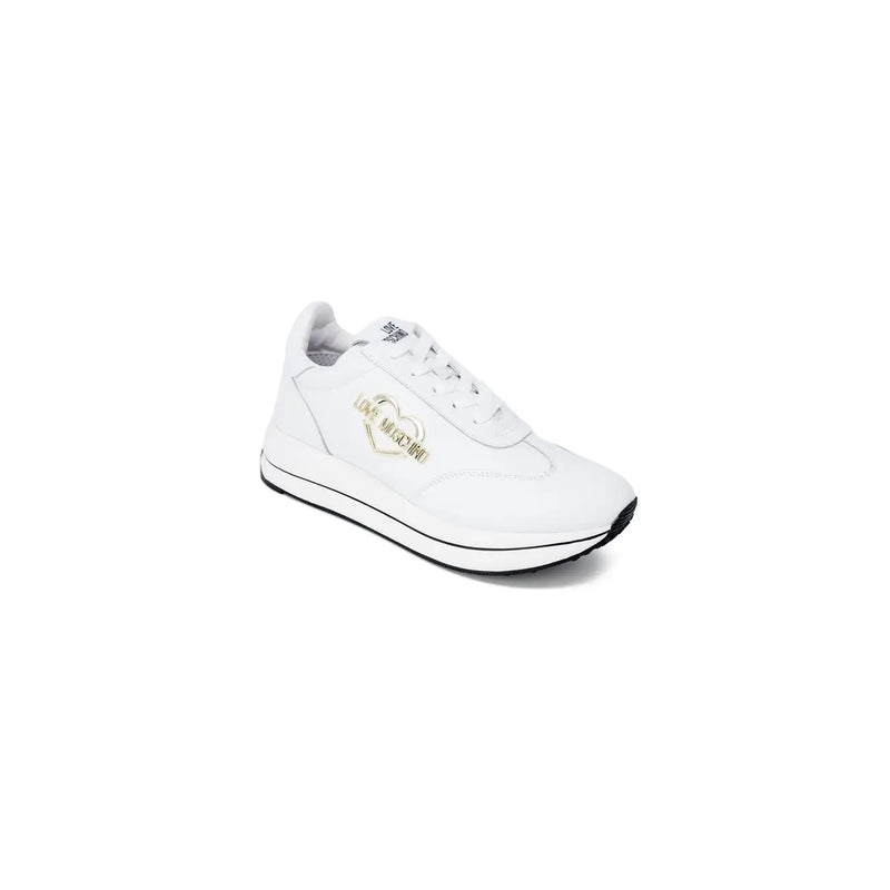 White leather Love Moschino women sneakers with a gold heart logo and black rubber platform sole