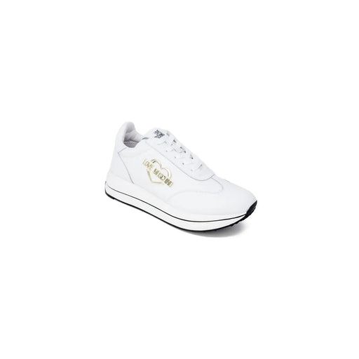 cuir blanc Love Moschino Baskets pour femmes avec un logo en forme de cœur doré et une semelle plateforme en caoutchouc noir