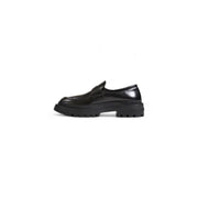 Love moschino women’s black leather loafers with chunky rubber sole and single strap across the toe