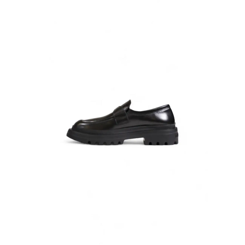 Love moschino women’s black leather loafers with chunky rubber sole and single strap across the toe