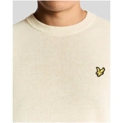 Lyle & Scott beige marl wool blend crewneck sweater with yellow embroidered bird logo on the left chest