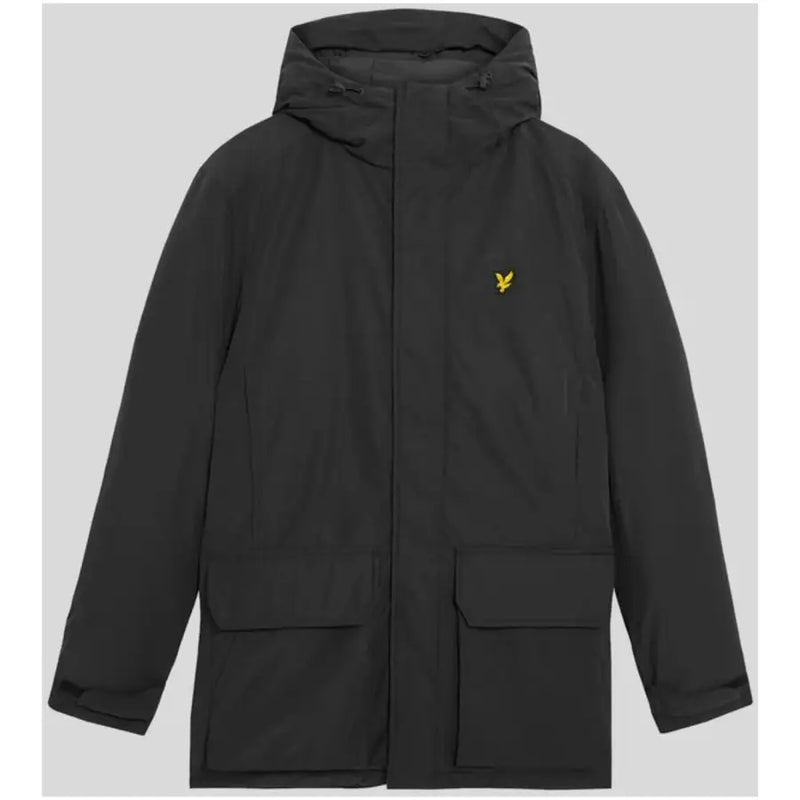 Black hooded parka with yellow logo, water-resistant material and large front pockets.