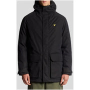 Black parka jacket with hood and multiple pockets, featuring a lyle & scott logo on the chest.