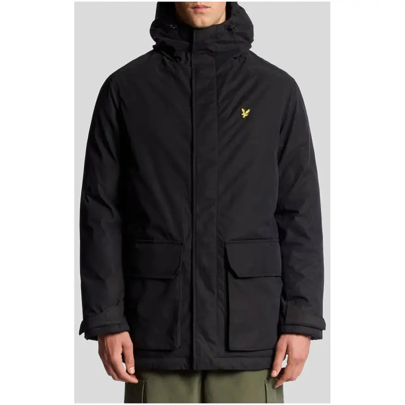 Black parka jacket with hood and multiple pockets, featuring a lyle & scott logo on the chest.